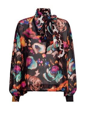 NWT Le Superbe 100% Silk Electric Garden Tie Blouse XS Floral Leopard Print